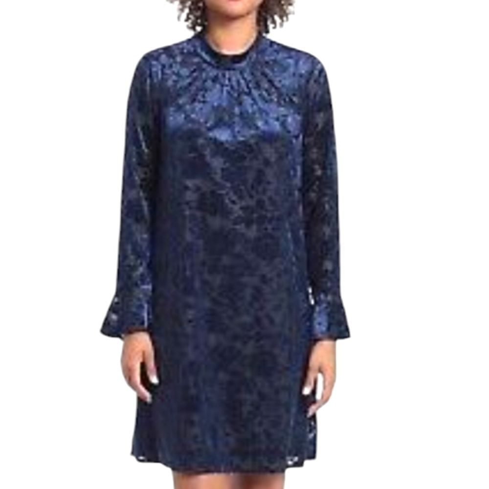 Blue Velvet Burnout Whimsigoth Long Sleeve Mock Neck Trapeze Dress 14W